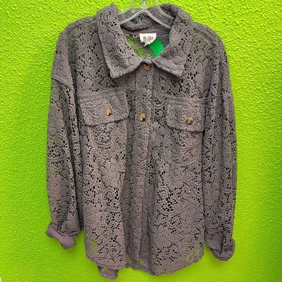 BiBi Gray Lace Button-Up Blouse - Picture 1 of 3